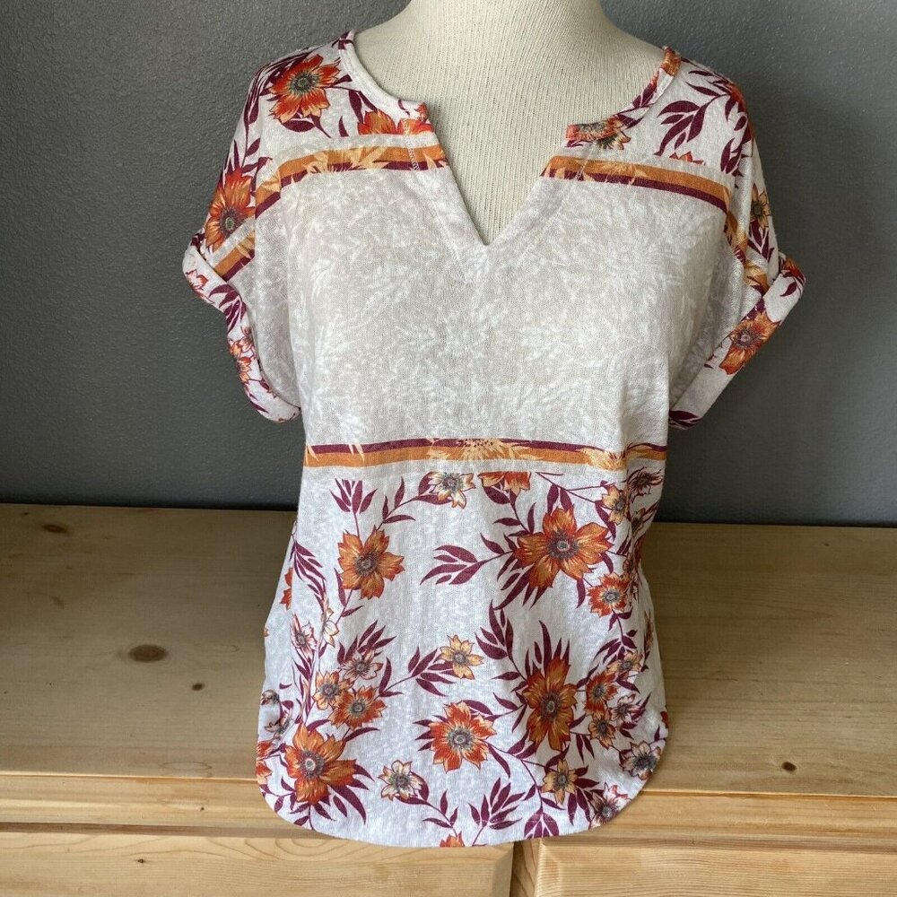 Dept 222 Blouse Women's Size Petite Medium PM Floral Print Beige Lightweight Top